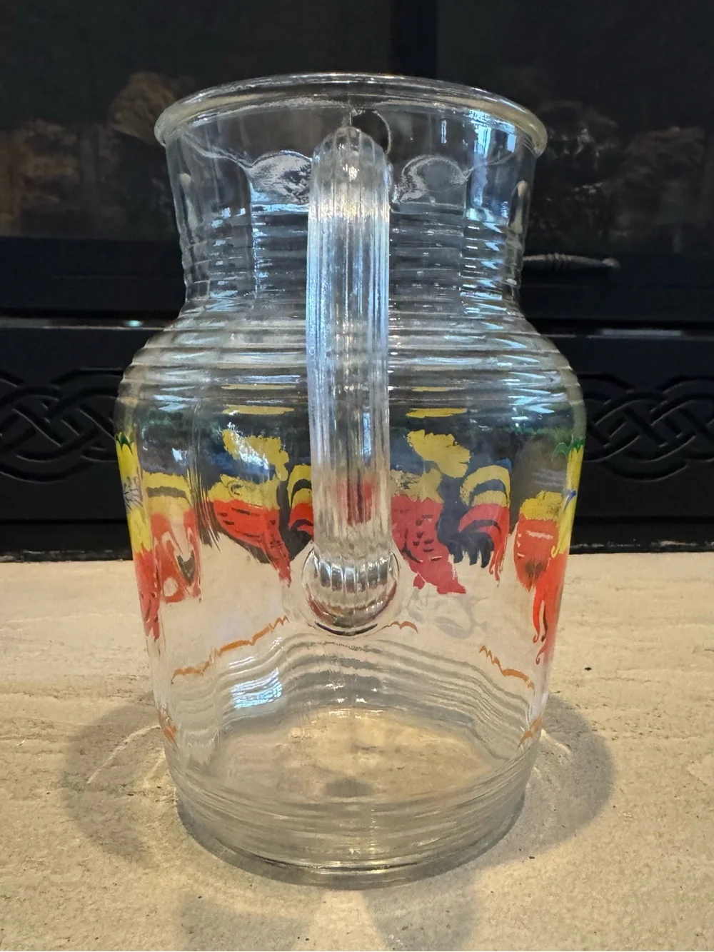 Vintage Clear Glass Pitcher with Bright Roosters - Great Design !
